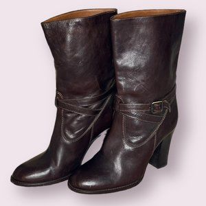 J Crew Tenley Women's Brown Mid Calf Leather Strapped Boots, Size 8.5